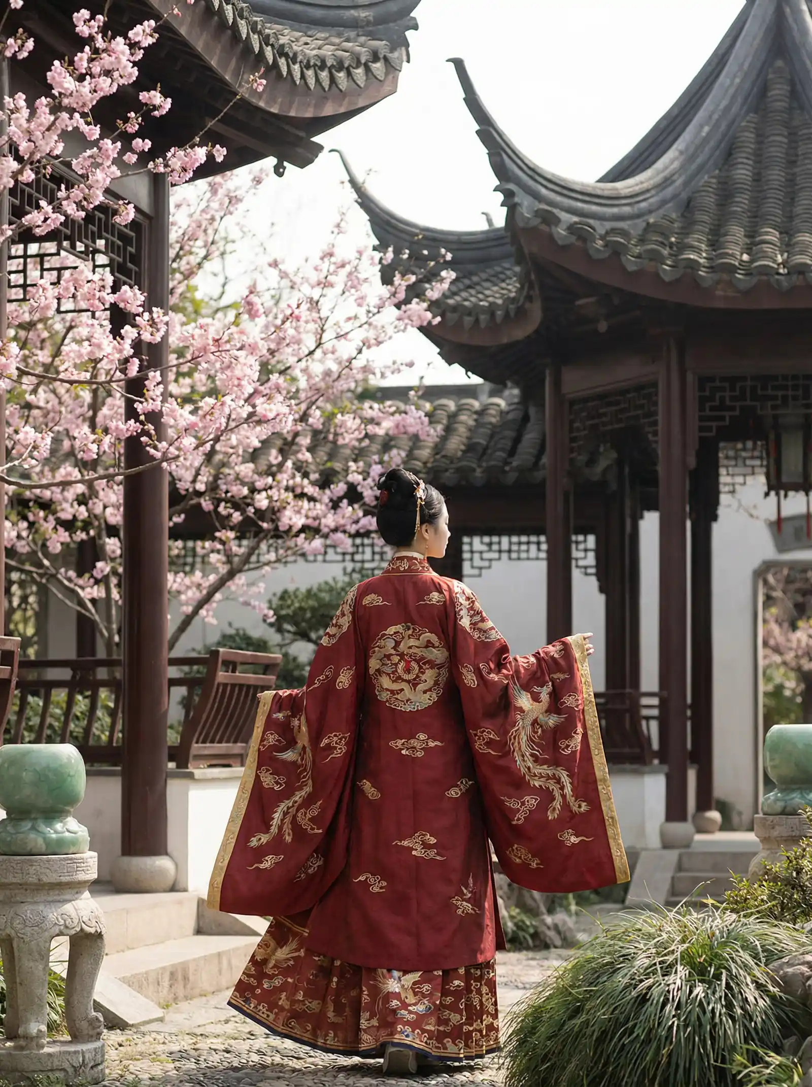 国产美女a片 明制汉服红色凤凰刺绣
